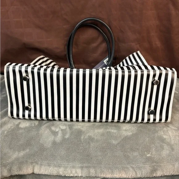Rebecca Minkoff MAB Tote Black White Stripe Canvas Leather Handles - Picture 7 of 10